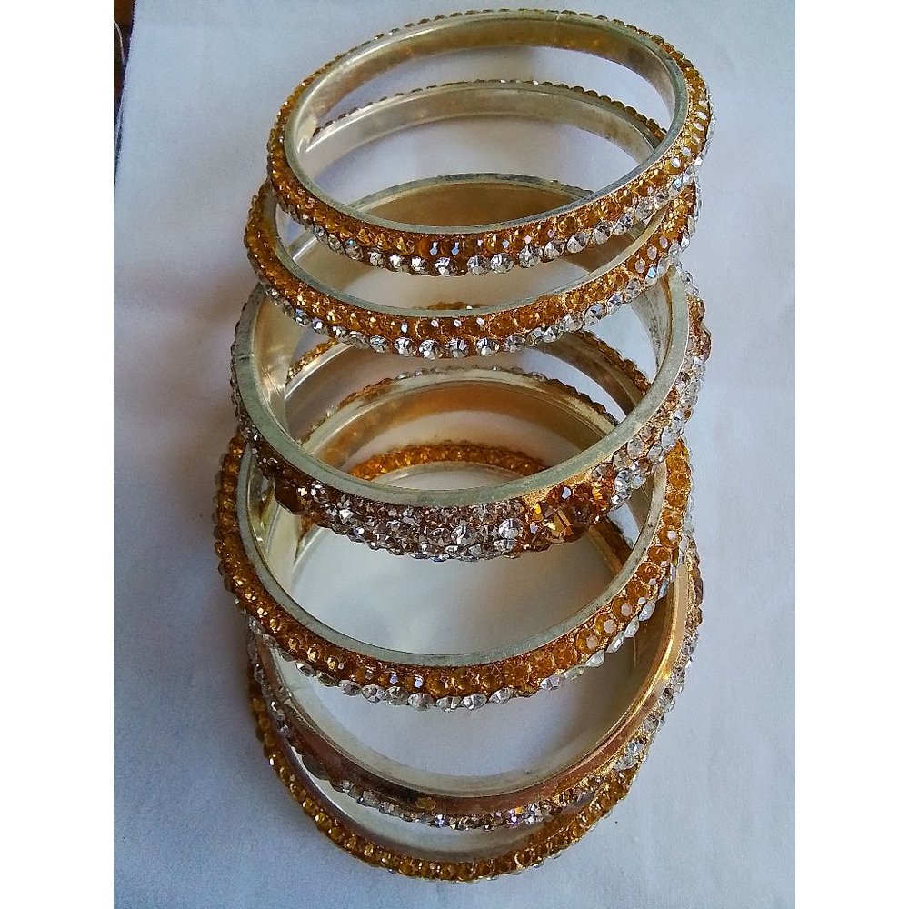 6 pc Metal Kaingin Bangle Set - Mixed Zarken Stones - Gold Tone Bracelets